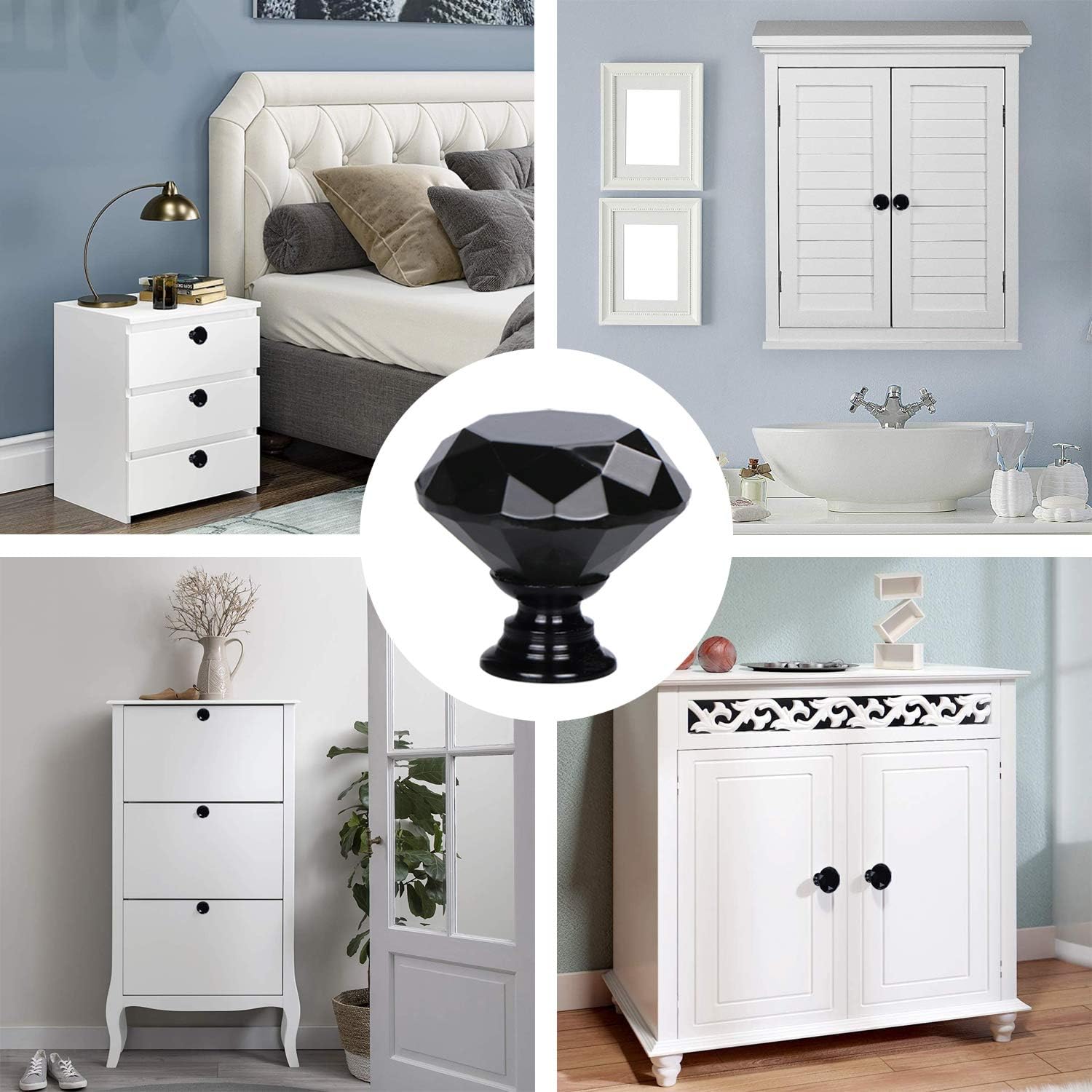10 Pack Drawer Knobs, Drawer Pulls Black Diamond Shaped Crystal Glass 30mm Cabinet Knobs Pull Handles with Screws Chest