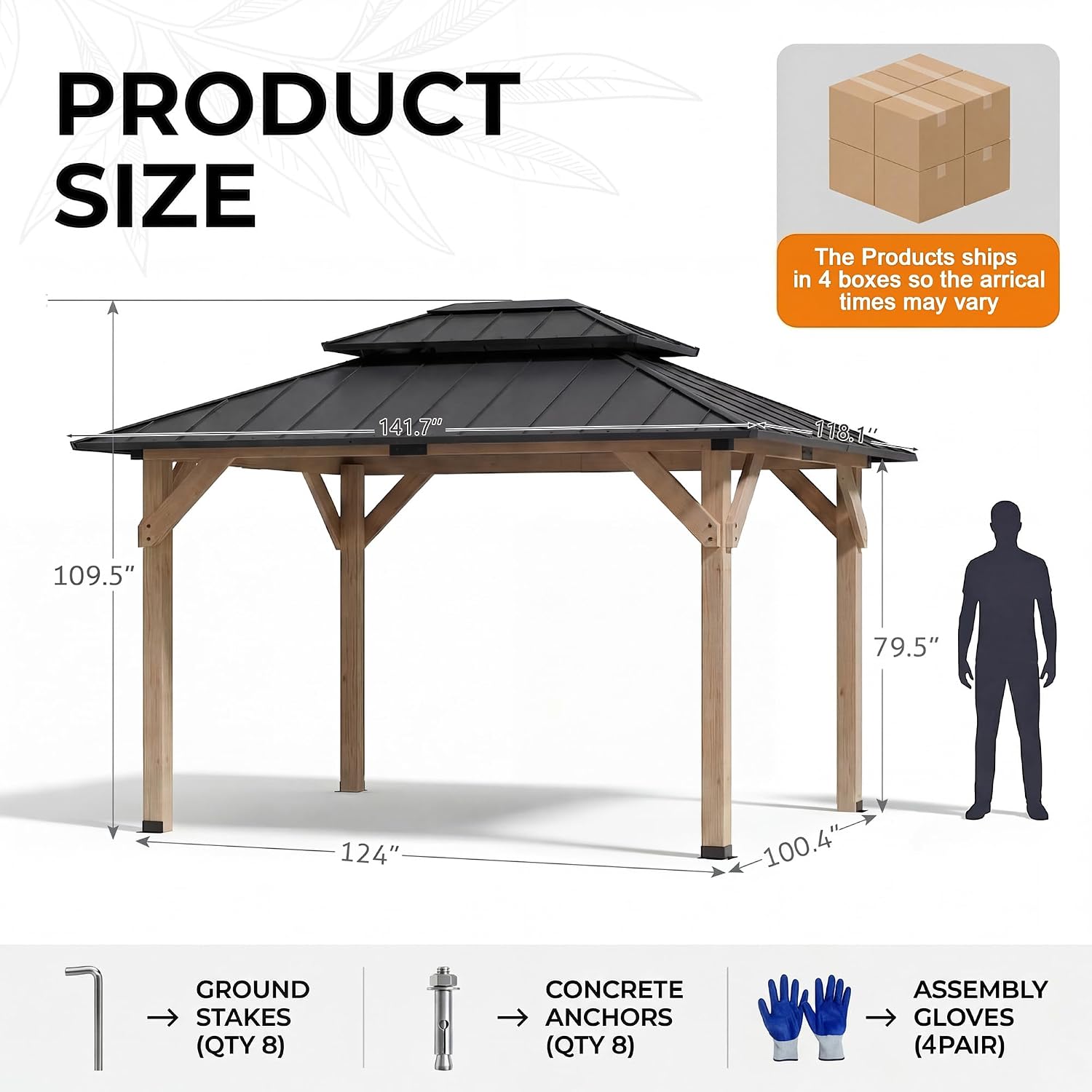10' x 12' Wooden Gazebo,Patio Hardtop Gazebo Wood,DIY Color Permanent Pavilion with Galvanized Steel Double Metal Roof
