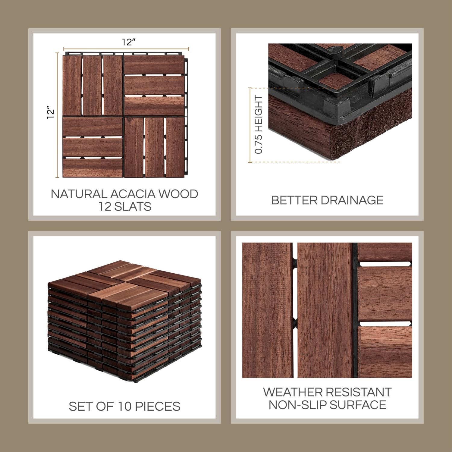 10 Pcs Deck Tiles, Patio Flooring - Outdoor Waterproof Acacia Wood Tiles for All Weather Use - Balcony, Backyard