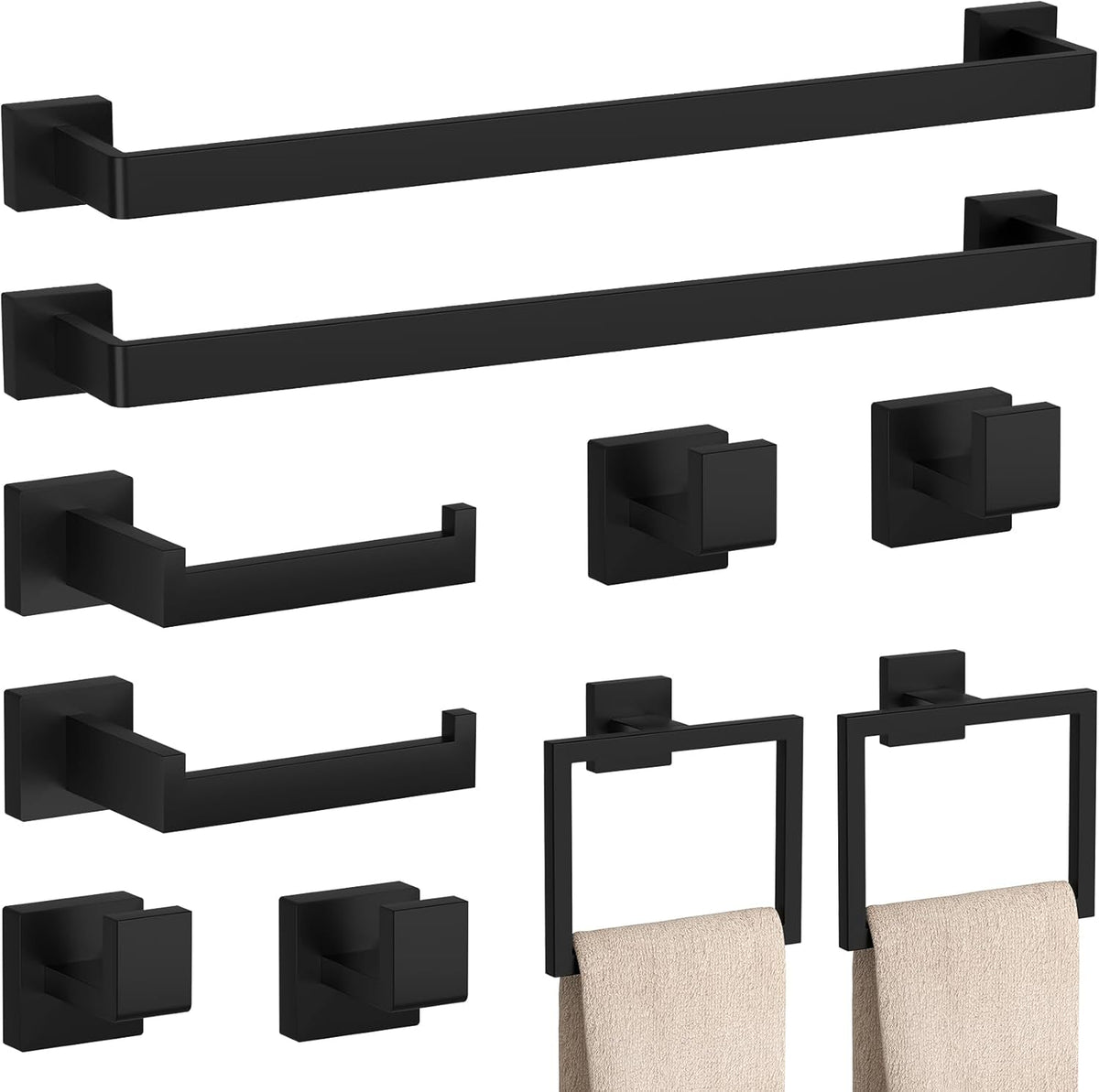 10-Pieces Matte Black Bathroom Accessories Set 23.6 Inch Towel Bar Set. | SUS 304 Stainless Steel Bathroom Hardware