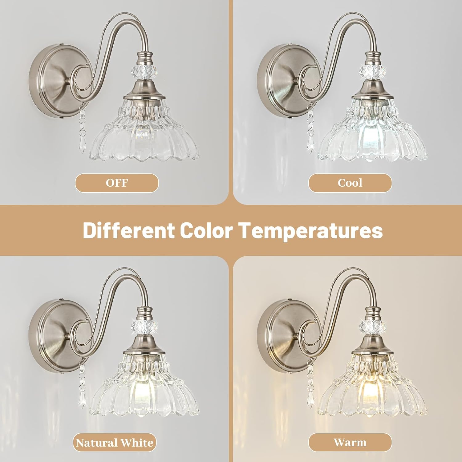 1 Piece Brushed Nickel Finish Wall Sconce, 1-Light Modern Wall Sconce with Hanging Crystal Accents and Flower-Shaped