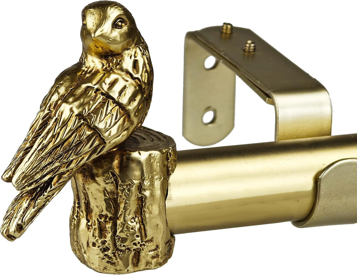 1-1/8 Inch Diameter Brushed Gold Curtain Rod with Bird Design Finials, 36-72'' Telescoping Single Curtain Rods for