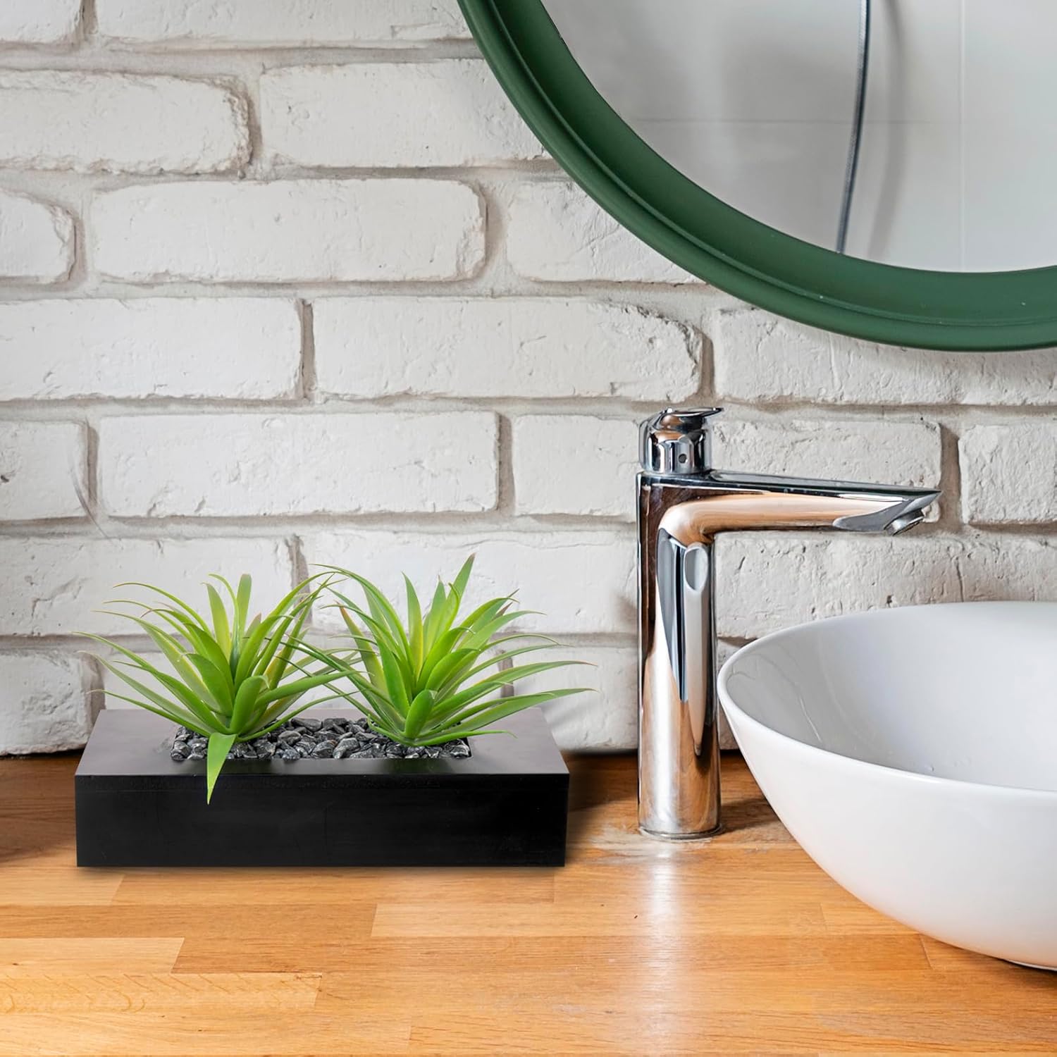 10 Inch Fake Grass Artificial Plants in Rectangular Black Wood Planter - Faux Plants Indoor for Tabletop Centerpiece