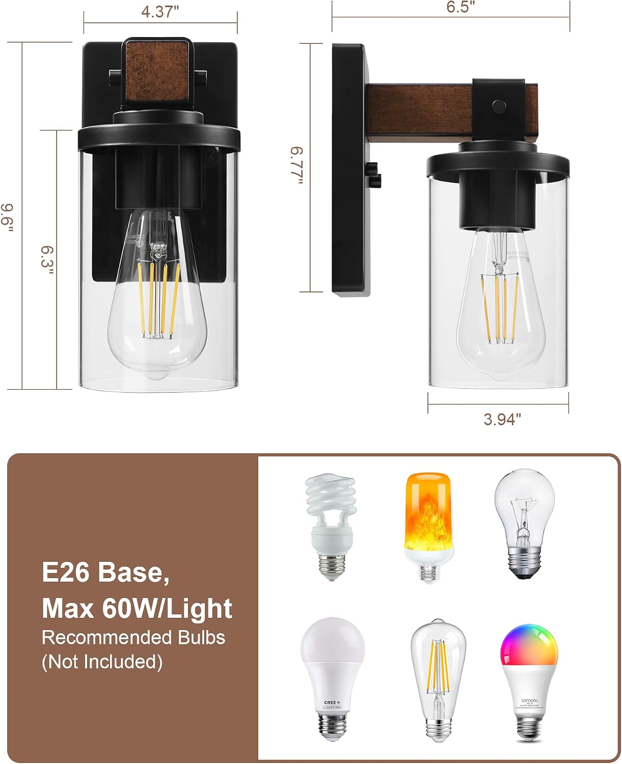 1-Light Wall Sconces Set of 2, Farmhouse Bathroom Vanity Light Fixtures, Wood Grain Black Wall Mount Light with Clear