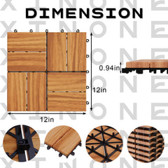 10 PCS 12" x 12" Acacia Deck Tiles, Waterproof Interlocking Deck Tiles for Indoor/Outdoor Wood Flooring, Snap Together