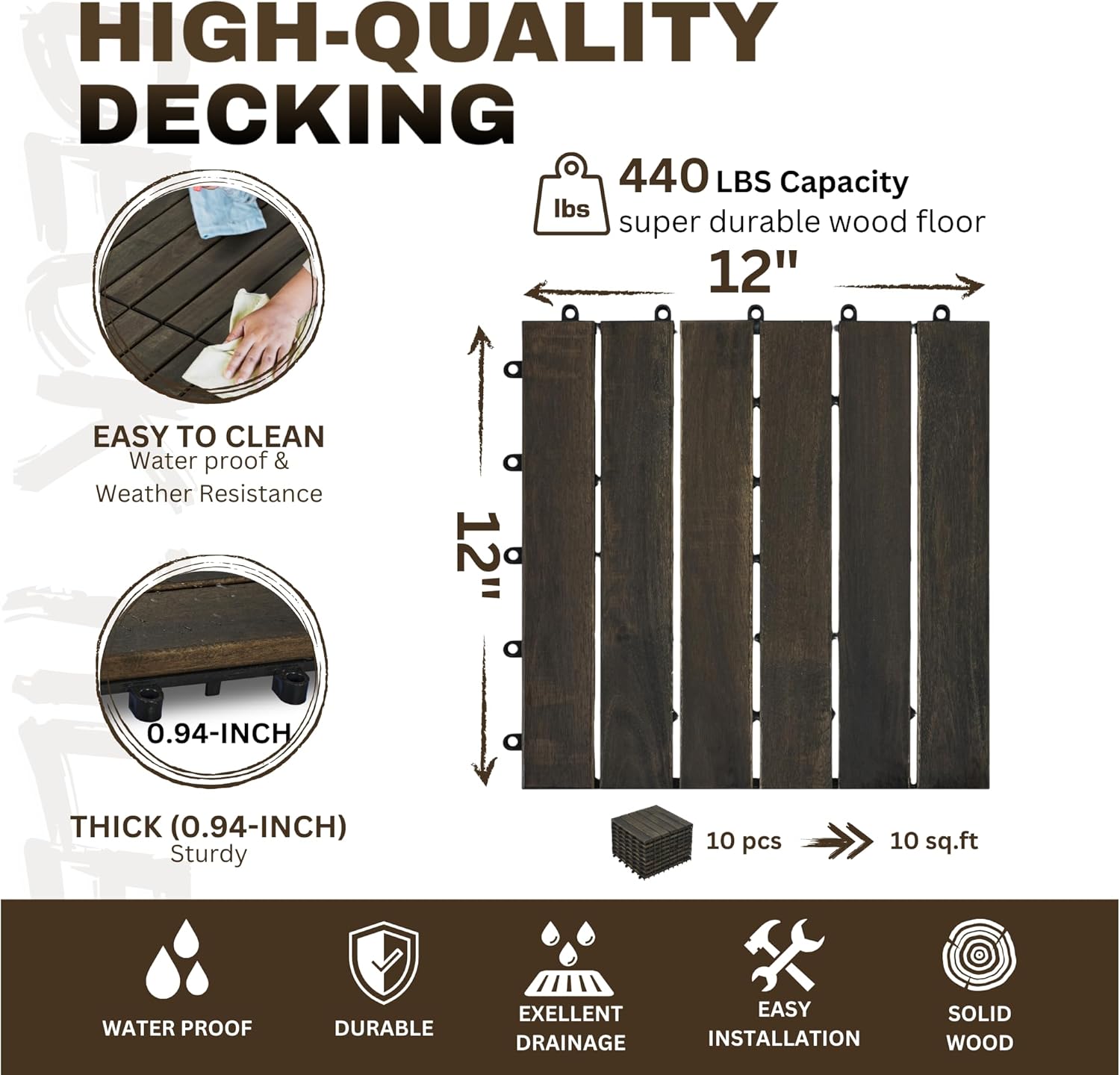 10 Pack of Interlocking Deck Tiles Striped Pattern, 12" x 12" Dark Brown Square Acacia Hardwood Outdoor Flooring for Patio, Bancony, Pool Side,...