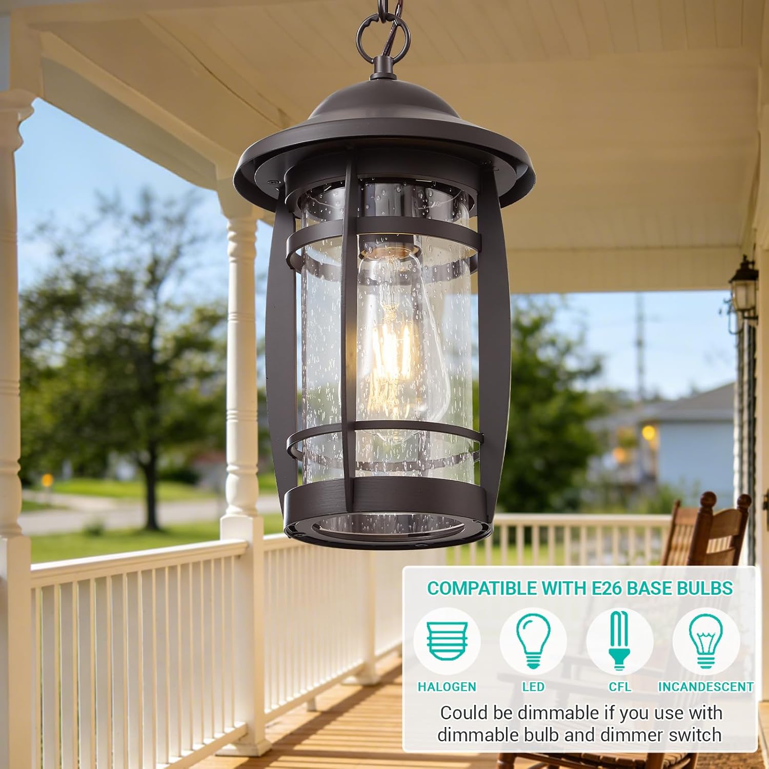 1-Light Outdoor Pendant Light for Porch - Oil Rubbed Bronze Outdoor Chandelier Lantern Waterproof Aluminum Exterior