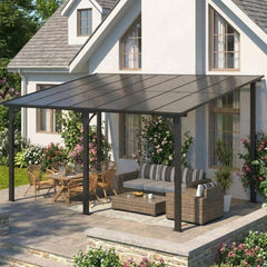 10'X14' Hardtop Wall Mounted Gazebo with Gutters & Galvanized Steel Roof, 60MPH Wind Resistance