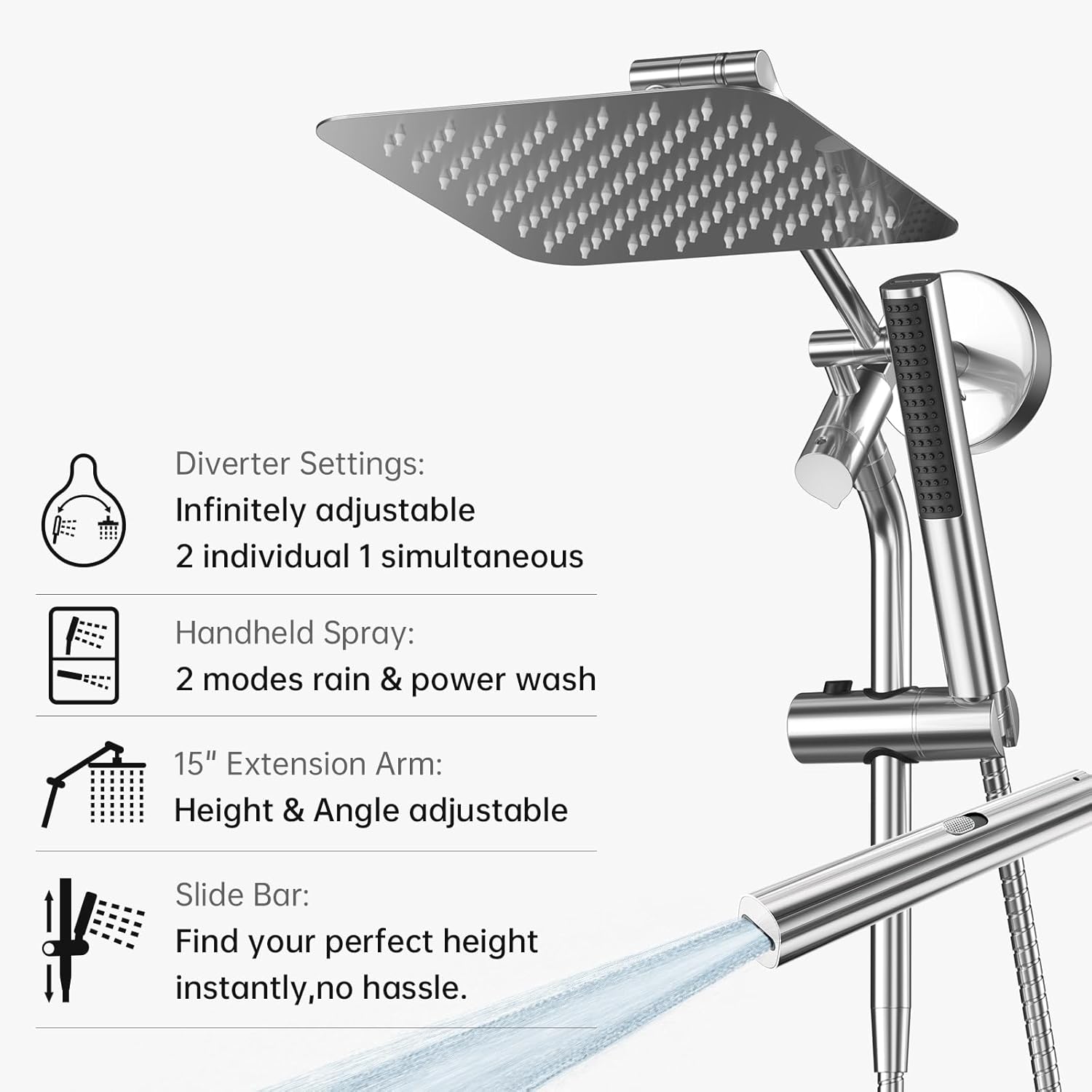10" Luxurious Rain Shower Head with Handheld, High Pressure Rainfall Shower Heads wih Extension Arm