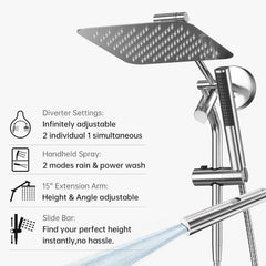 10" Luxurious Rain Shower Head with Handheld, High Pressure Rainfall Shower Heads wih Extension Arm