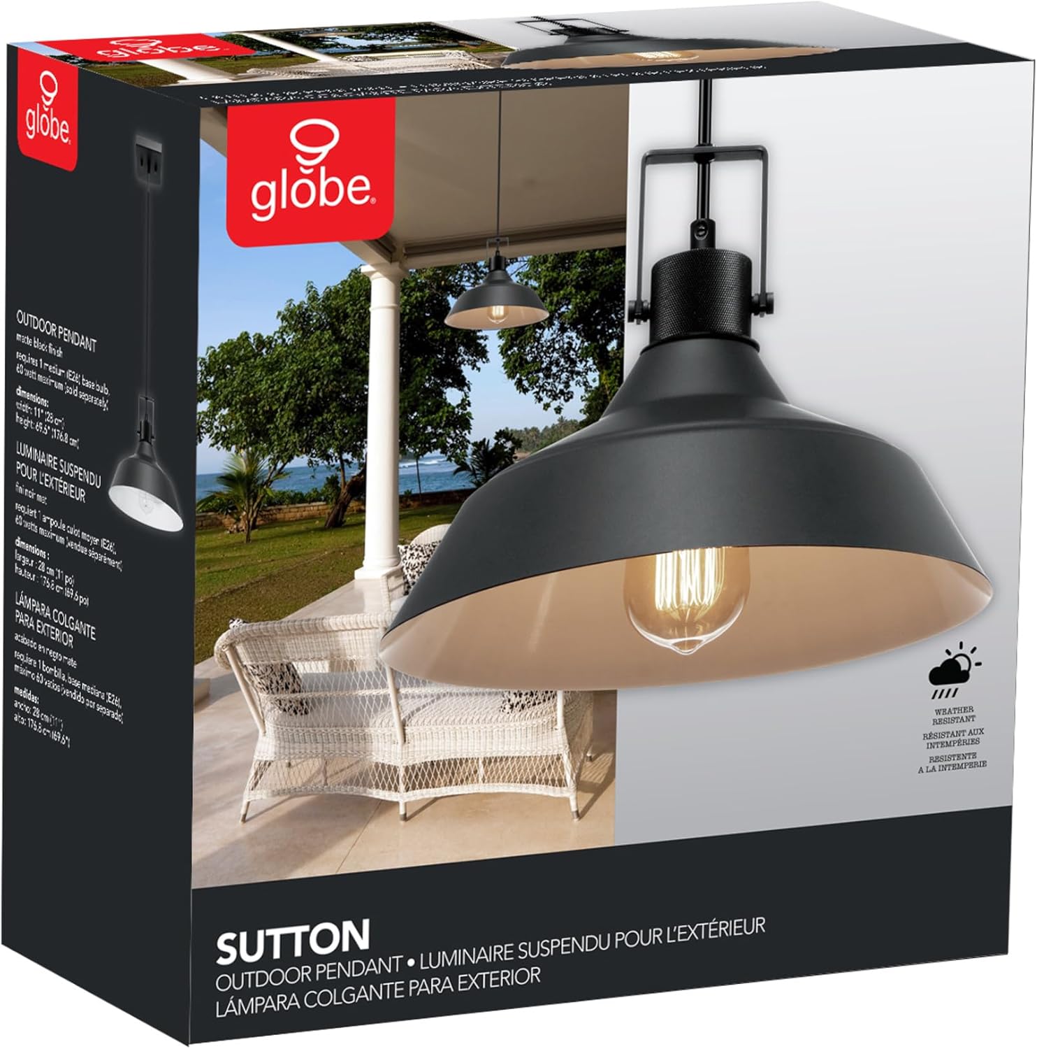 1-Light Indoor/Outdoor Pendant Light, Matte Black Finish, Textured Socket Detail, Adjustable Hanging Height, E26 Base