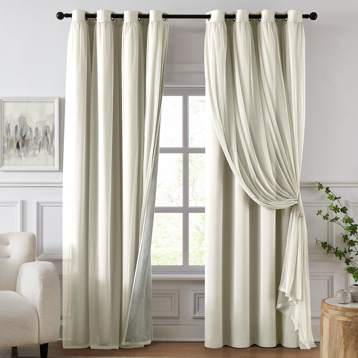 100% Blackout Curtains, Double Layer Ivory Curtains, Black Out Curtain with Sheer Overlay, Room