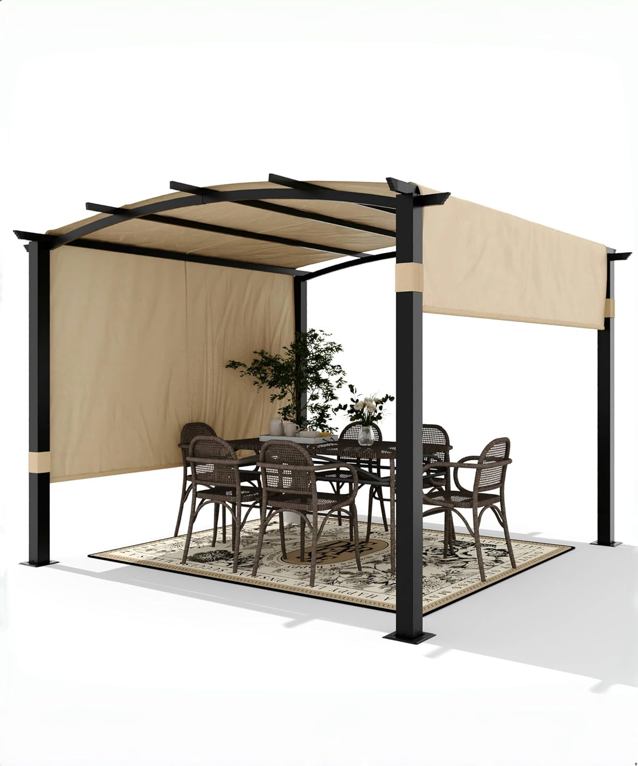 10 x 10 ft Outdoor Arched Pergola, Metal Pergola with Retractable Canopy, Arched Style Gazebos for Backyard