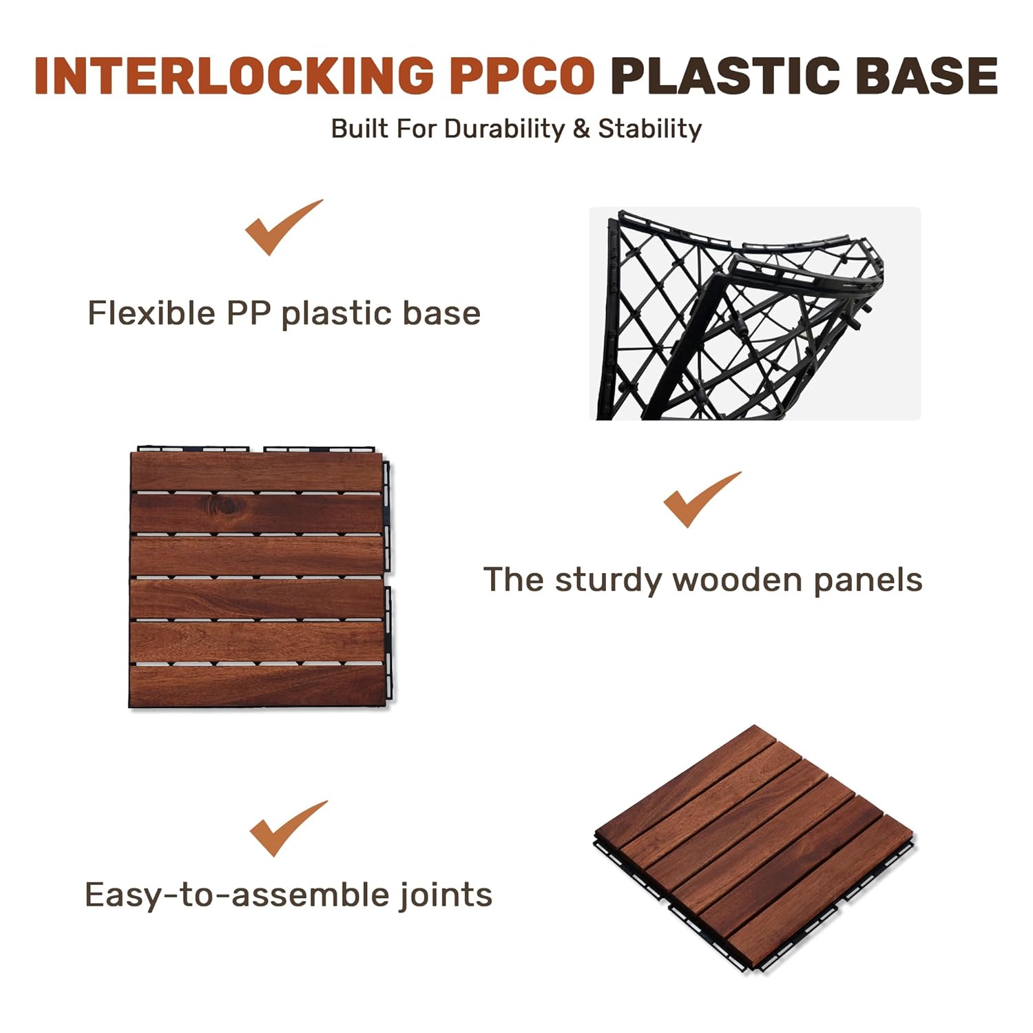 10 Pack Acacia Wood Interlocking Deck Tiles, 12x12 Outdoor Flooring, Non-Slip & Weather Resistant, Easy DIY Patio Tiles