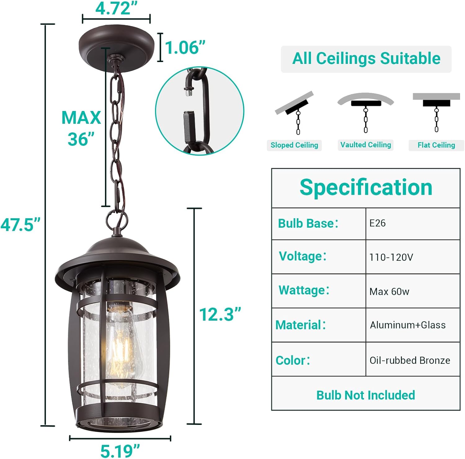 1-Light Outdoor Pendant Light for Porch - Oil Rubbed Bronze Outdoor Chandelier Lantern Waterproof Aluminum Exterior