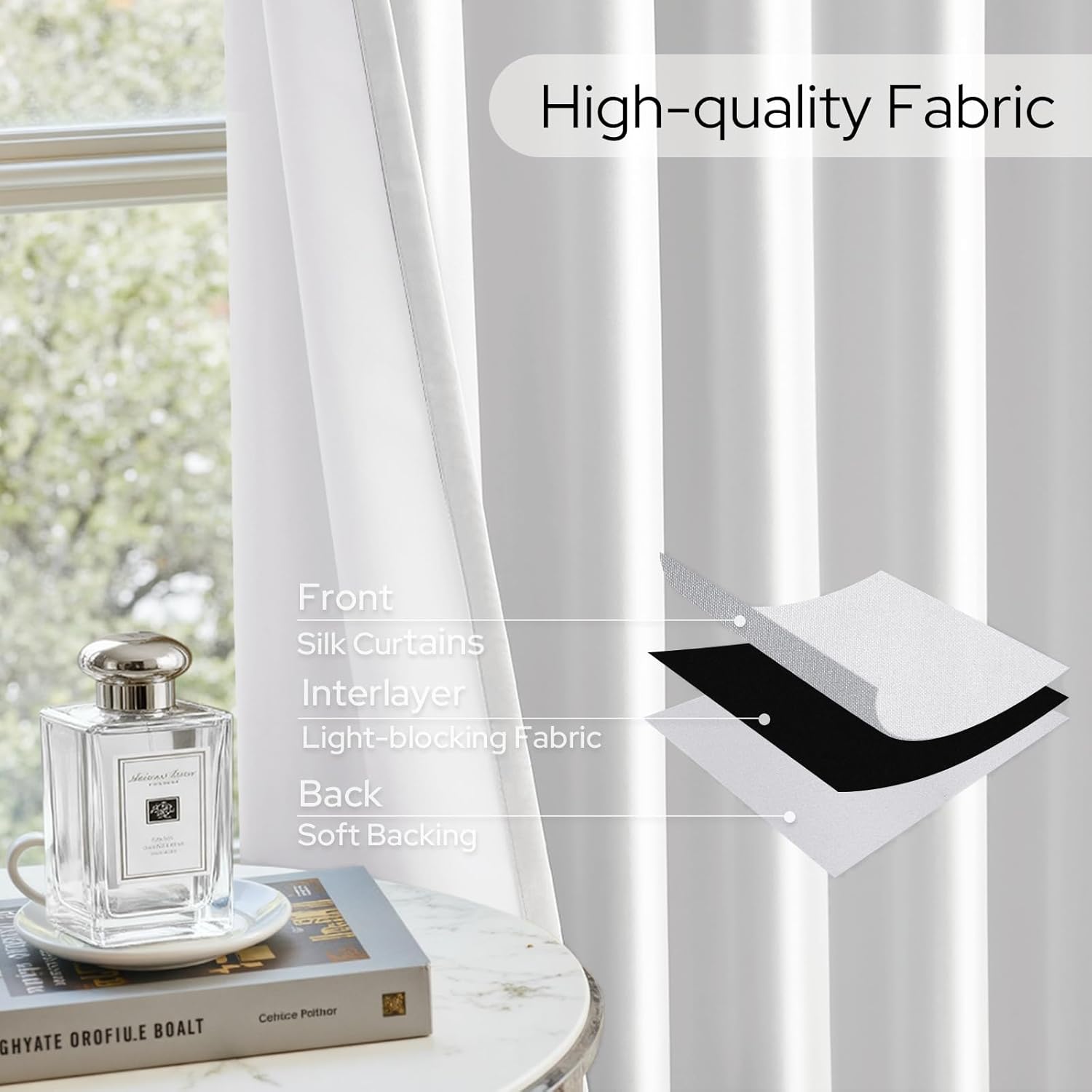 100% Blackout Faux Silk Curtains,Greyish White Noise Reduction Thermal Insulated Room Darkening Window Drapes, Luxury (2 Panels)
