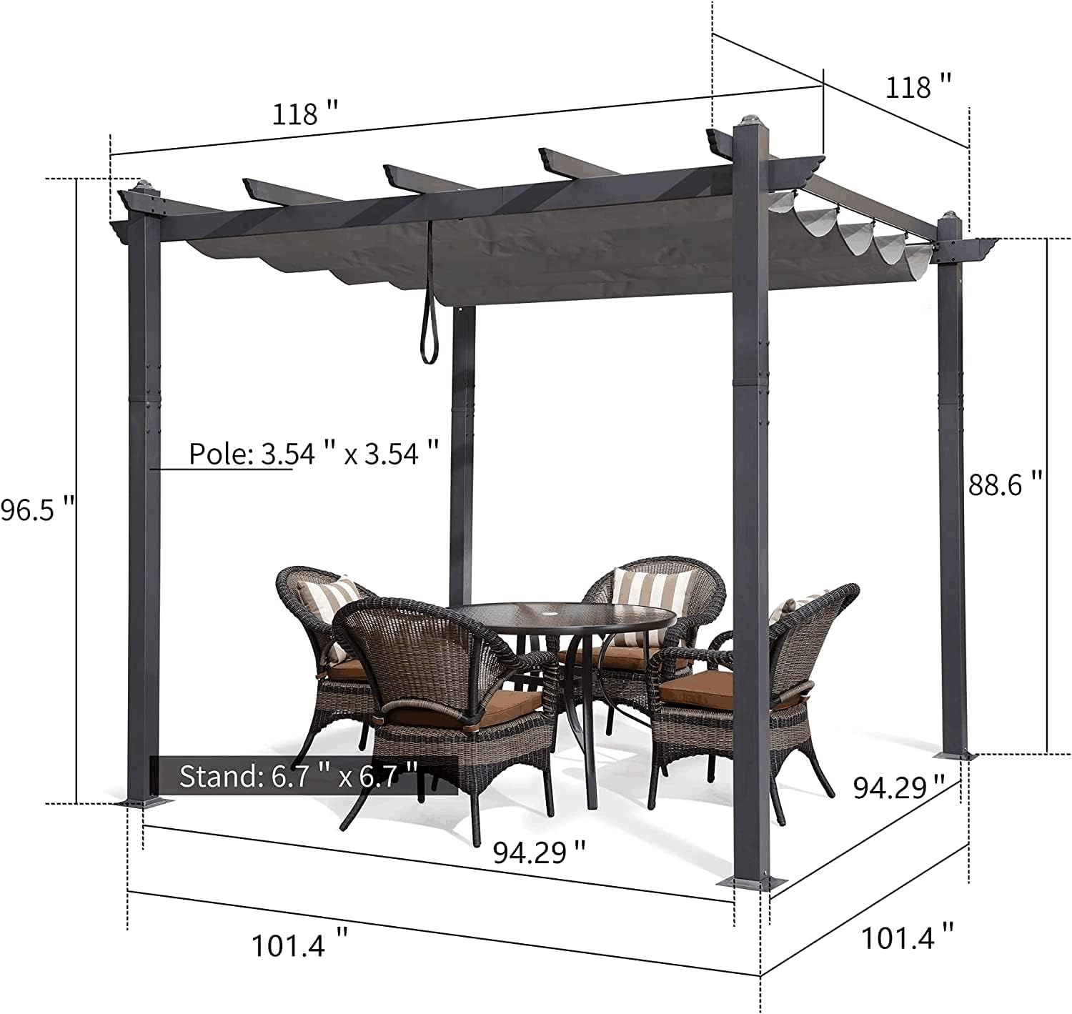 10' X 10' Outdoor Retractable Pergola with Sun Shade Canopy Patio Metal Shelter for Porch Garden Pavilion Grill Gazebo