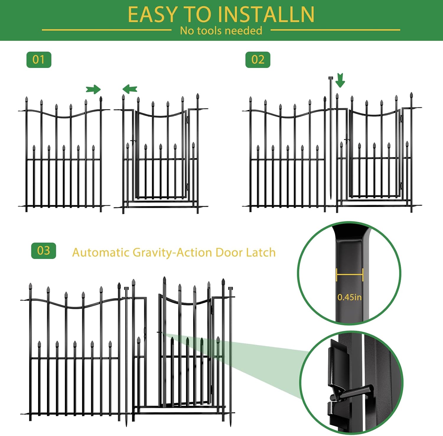 10 Panels No Dig Decorative Garden Fence with Gate, 24in(H) × 22ft(L) Heavy-Duty Rustproof Metal Panels, Outdoor Dog