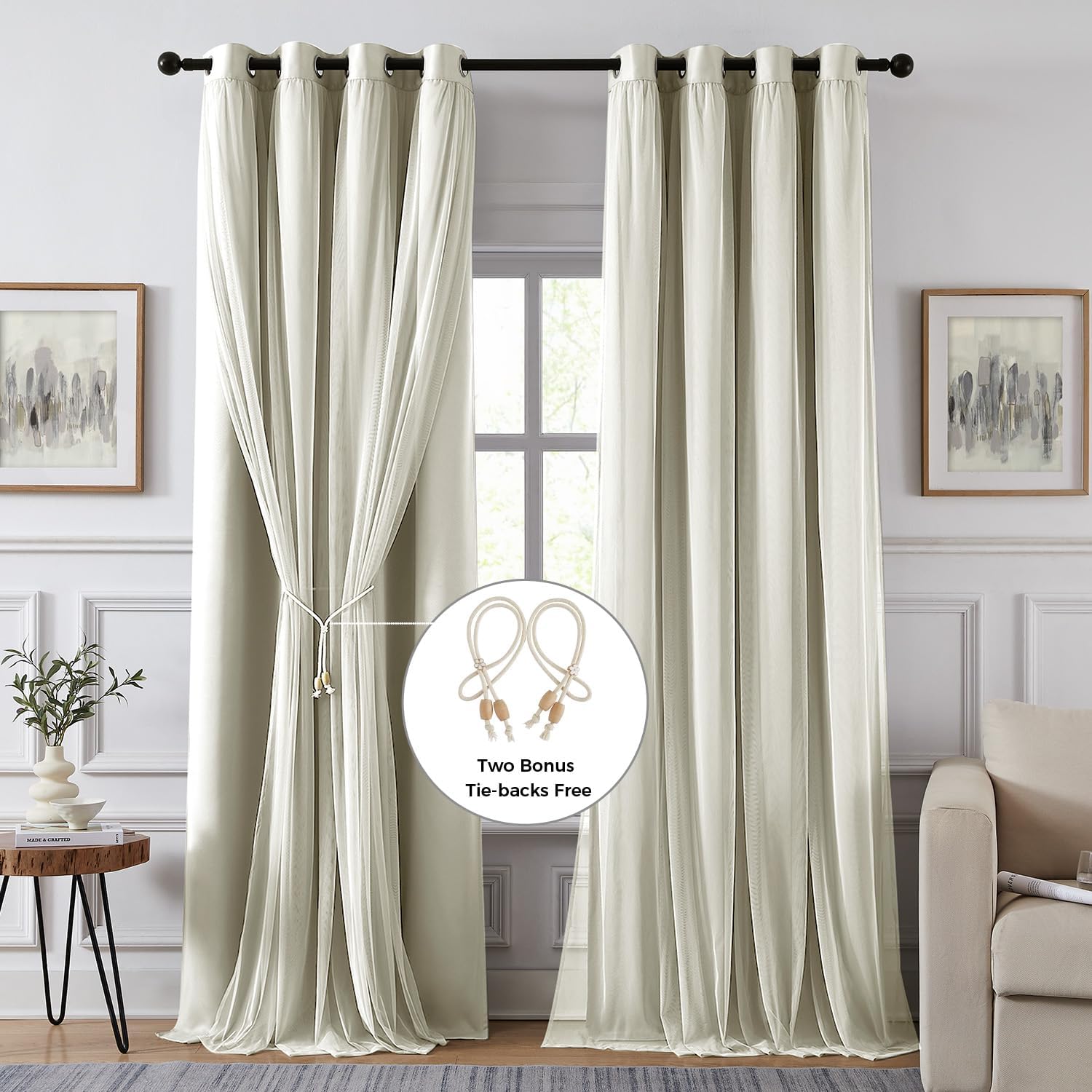 100% Blackout Curtains, Double Layer Ivory Curtains, Black Out Curtain with Sheer Overlay, Room