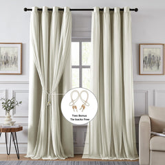 100% Blackout Curtains, Double Layer Ivory Curtains, Black Out Curtain with Sheer Overlay, Room