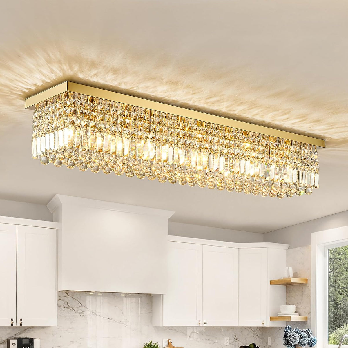 10-Light Modern Crystal Chandelier, Luxury Gold Rectangular Flush Mount Ceiling Light, Large Rectangle Raindrop