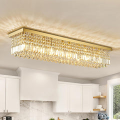 10-Light Modern Crystal Chandelier, Luxury Gold Rectangular Flush Mount Ceiling Light, Large Rectangle Raindrop