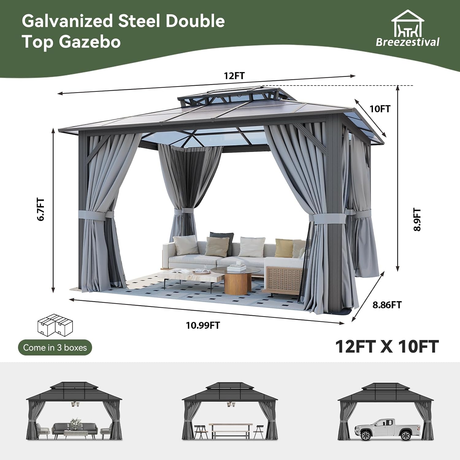 10'x12' Hardtop Gazebo Outdoor Permanent Gazebo with Double Polycarbonate Roof Canopy