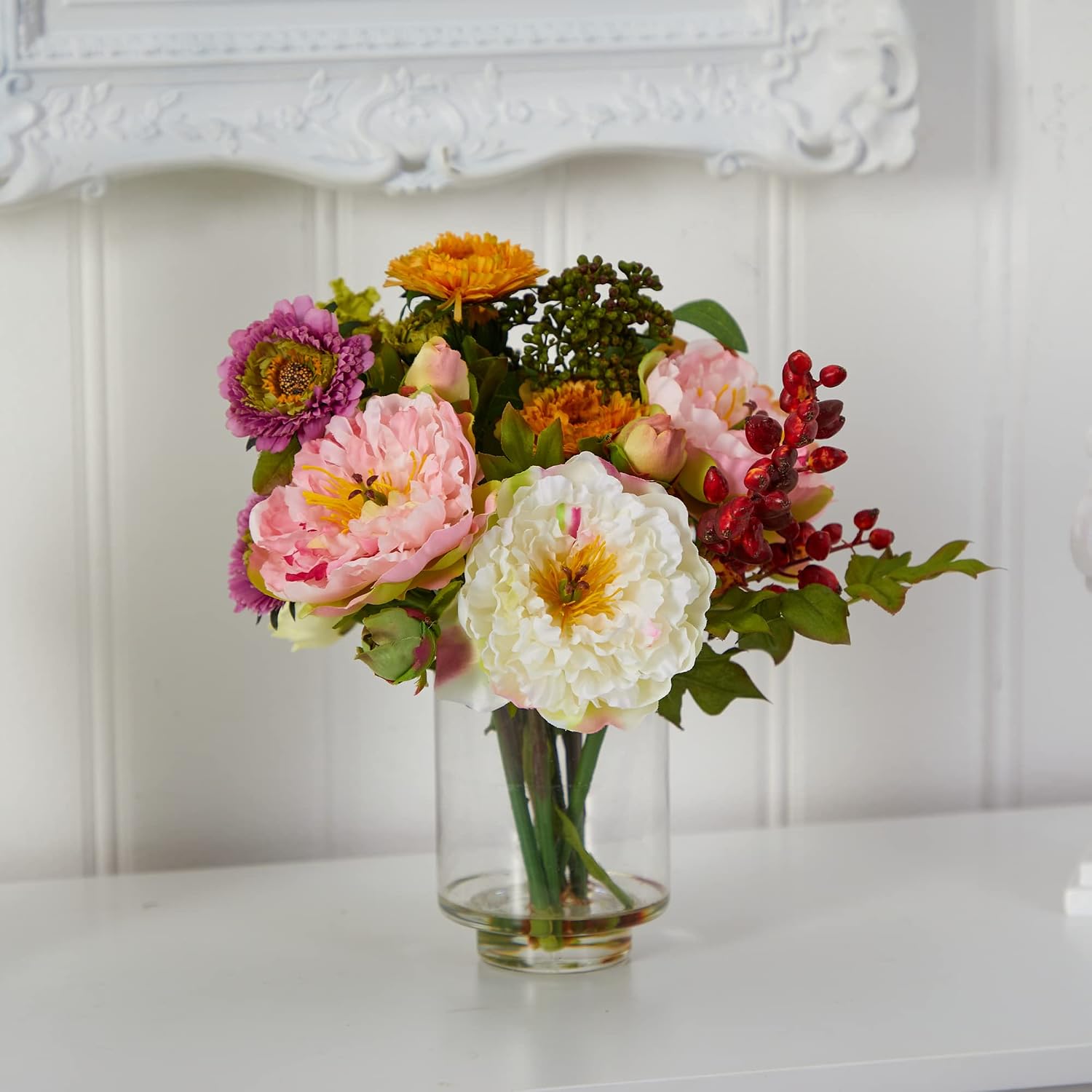 10 in Artificial Peony Arrangement in Glass Vase | Mixed Peony Faux Flower Blooms, Liquid Illusion Water in Glass