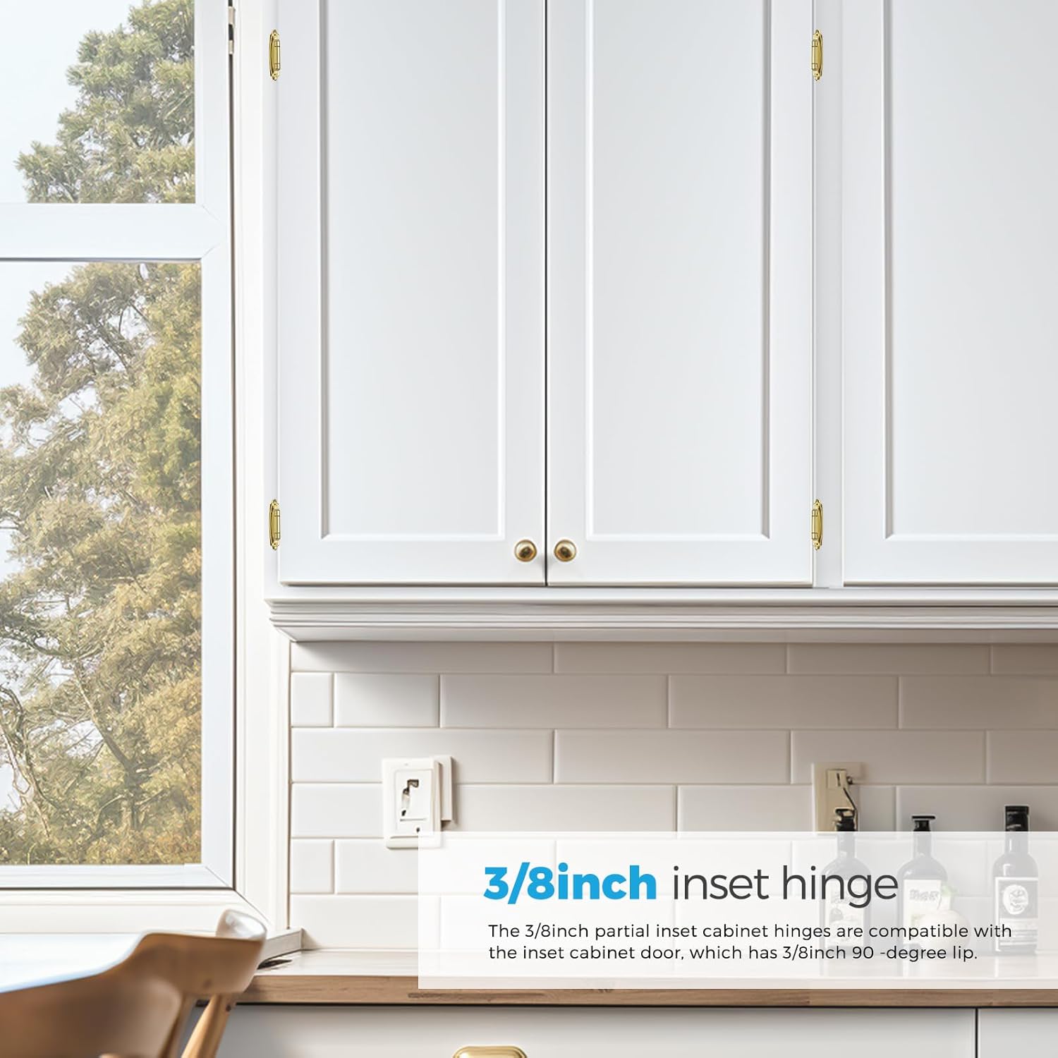 10 Pack (5 Pairs) 3/8 Inch Insert Kitchen Cabinet Hinges, Satin Brass Self Closing Hinges Doors, Semi-Concealed