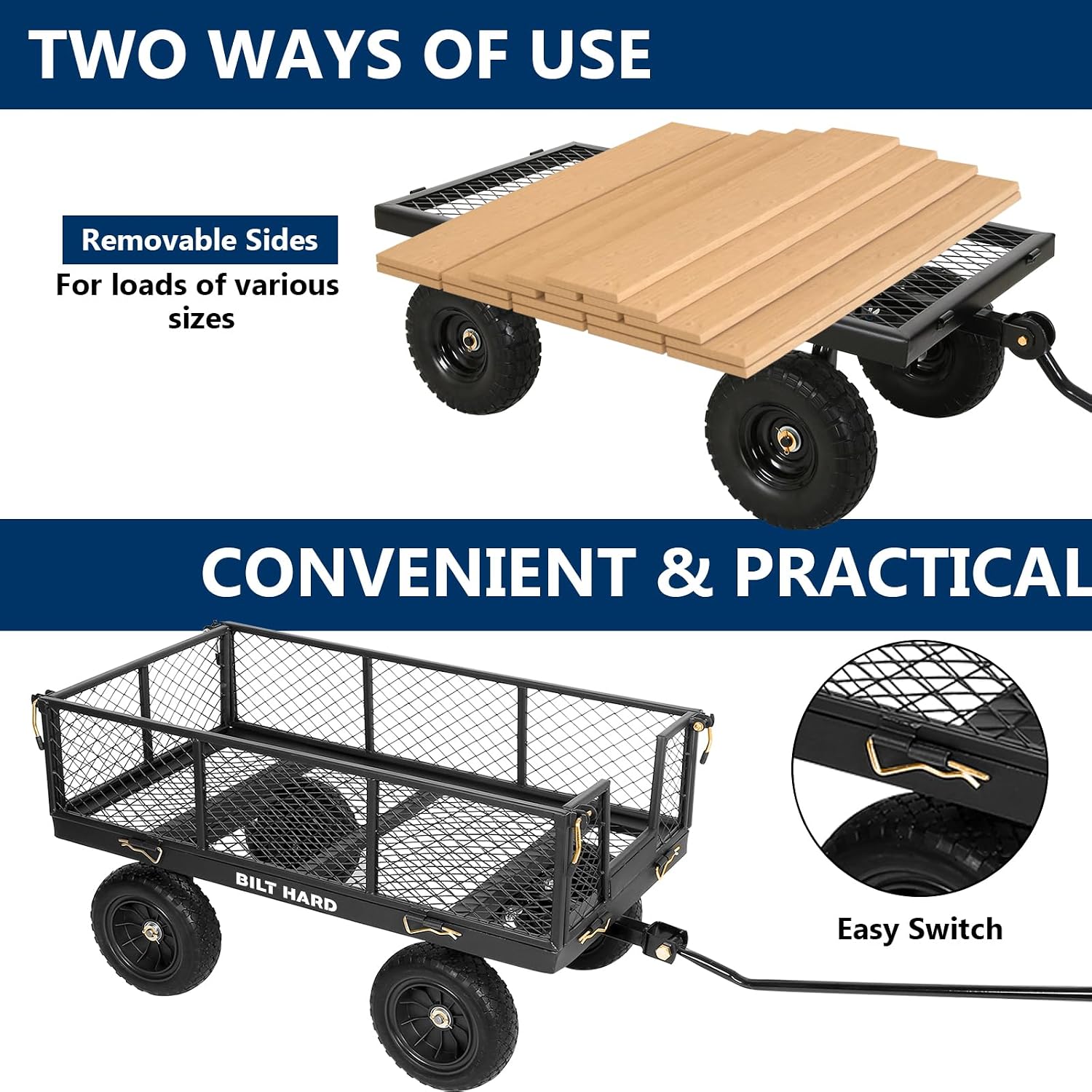 10" Flat Free Tires Heavy Duty Garden Cart with 180° Rotating Handle and Removable Sides, 4 Cu.Ft 400 lbs Capacity