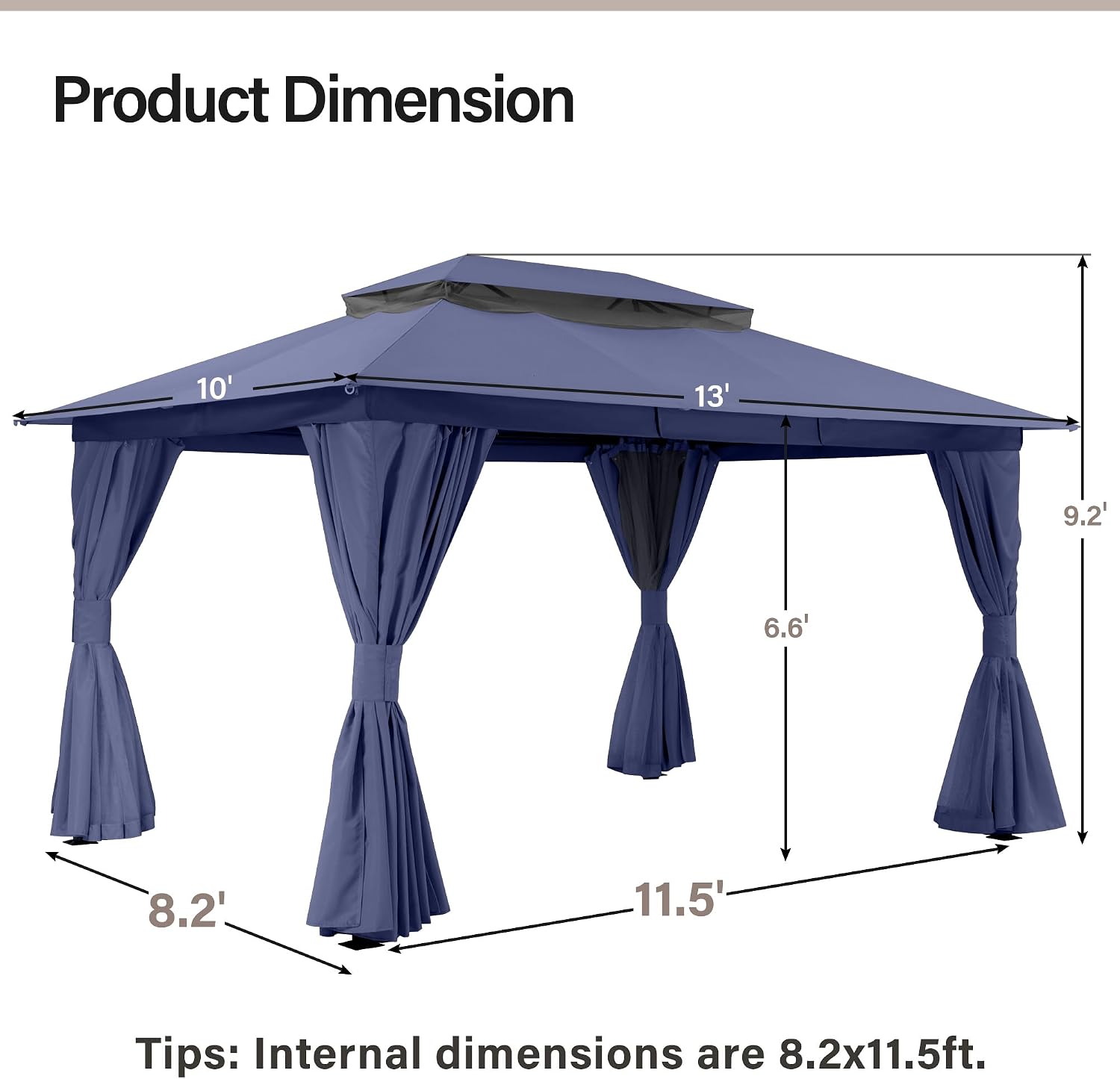 10'x13' Outdoor Gazebo, Metal Frame Heavy Duty Patio Canopy Tent Shelter with Double Roofs - Navy Blue