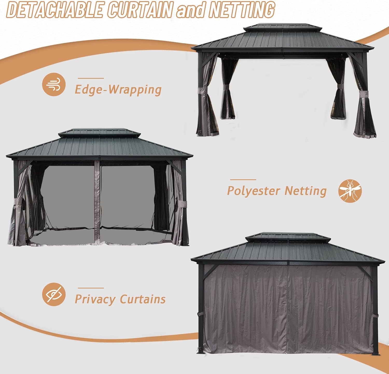 10' x 12' Hardtop Gazebo Permanent Metal Gazebo with Galvanized Steel Double Roof, Curtains and Netting for Patio
