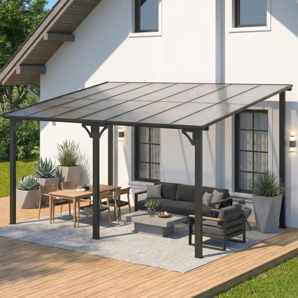 10'X14' Hardtop Wall Mounted Gazebo with Gutters & Galvanized Steel Roof, 60MPH Wind Resistance