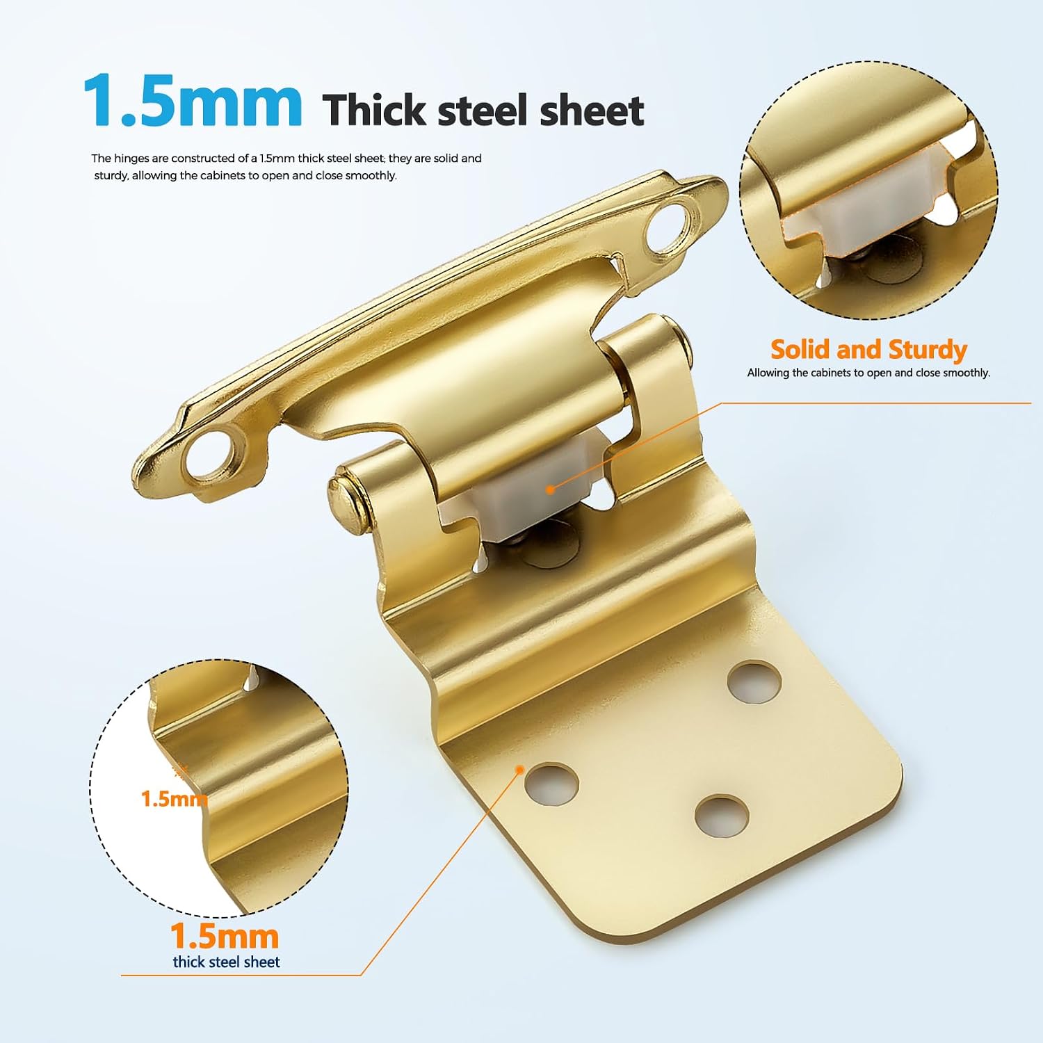 10 Pack (5 Pairs) 3/8 Inch Insert Kitchen Cabinet Hinges, Satin Brass Self Closing Hinges Doors, Semi-Concealed