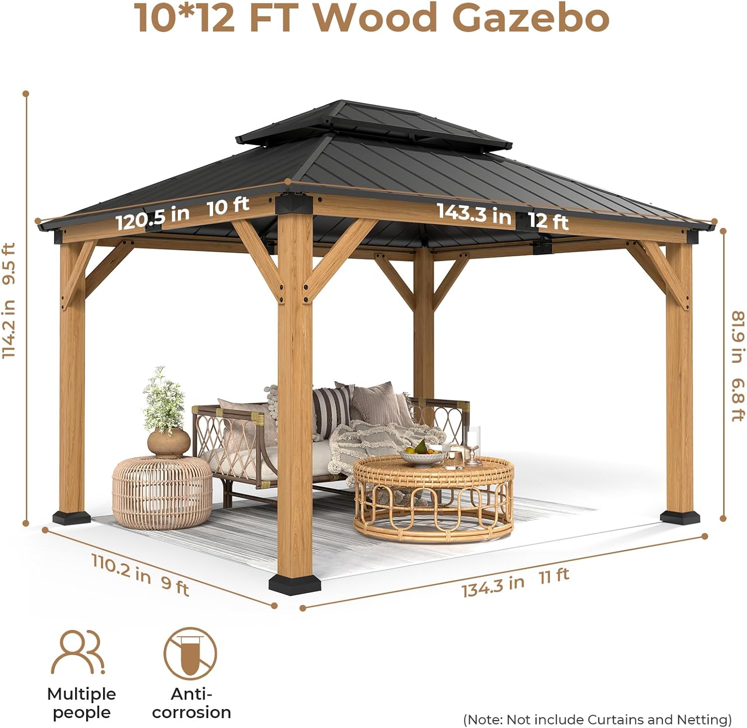 10' X 12' Wood Gazebo Hardtop Outdoor Permanent Pavilion with Double Galvanized Steel Roof Snow Support