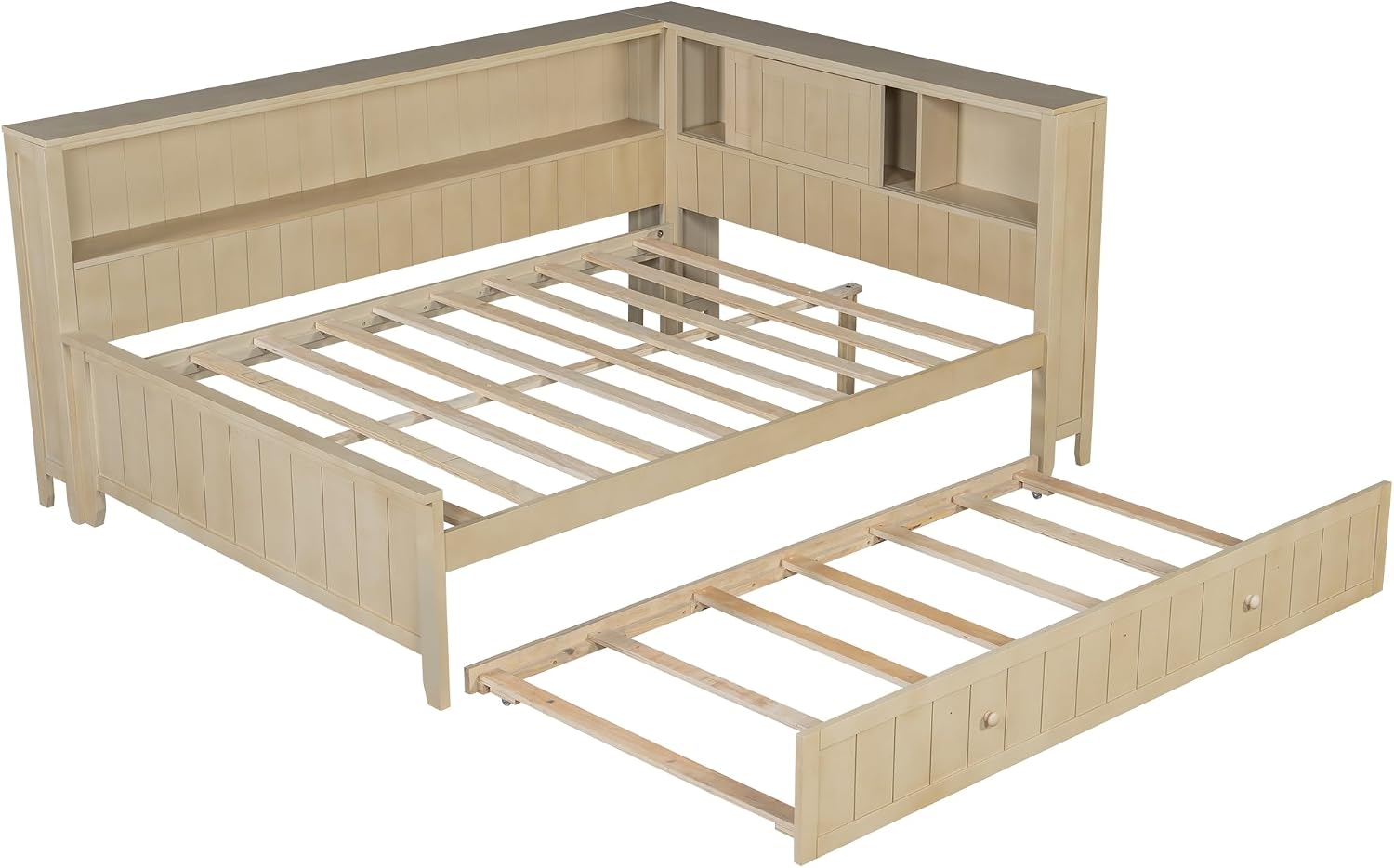 & Bright Designs Full Size Daybed with Trundle and Shelves, Wood Corner Bed Frame with Bookcase and Headboard for