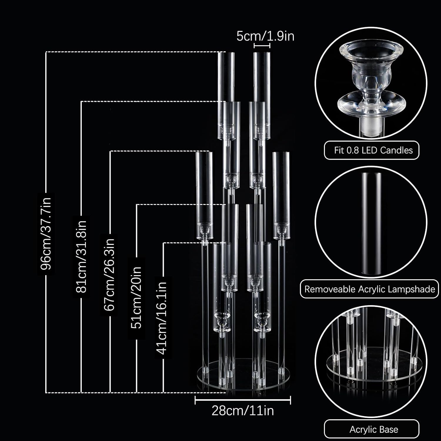 10 Arm Acrylic Candelabra Centerpieces, Floor Clear Tall Candlesticks Holder with Removable Lampshade, Fit 0.82" LED