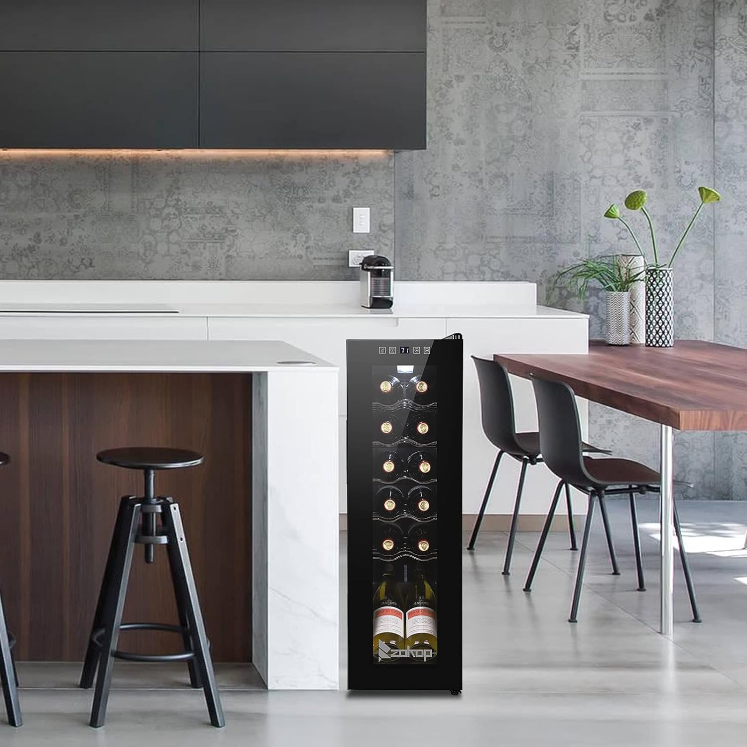 10''W Small Wine Fridge with Compressor, 12 Bottles Freestanding Wine Cooler Refrigerator with Touch Panel Control and Glass Door, Wine Cellar for Red, White, Champagne or Sparkling, 41-64°F