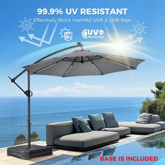 10 ft Offset Patio Umbrella with Solar Lights, LED Lighted Umbrella Outdoor Patio with Base Included