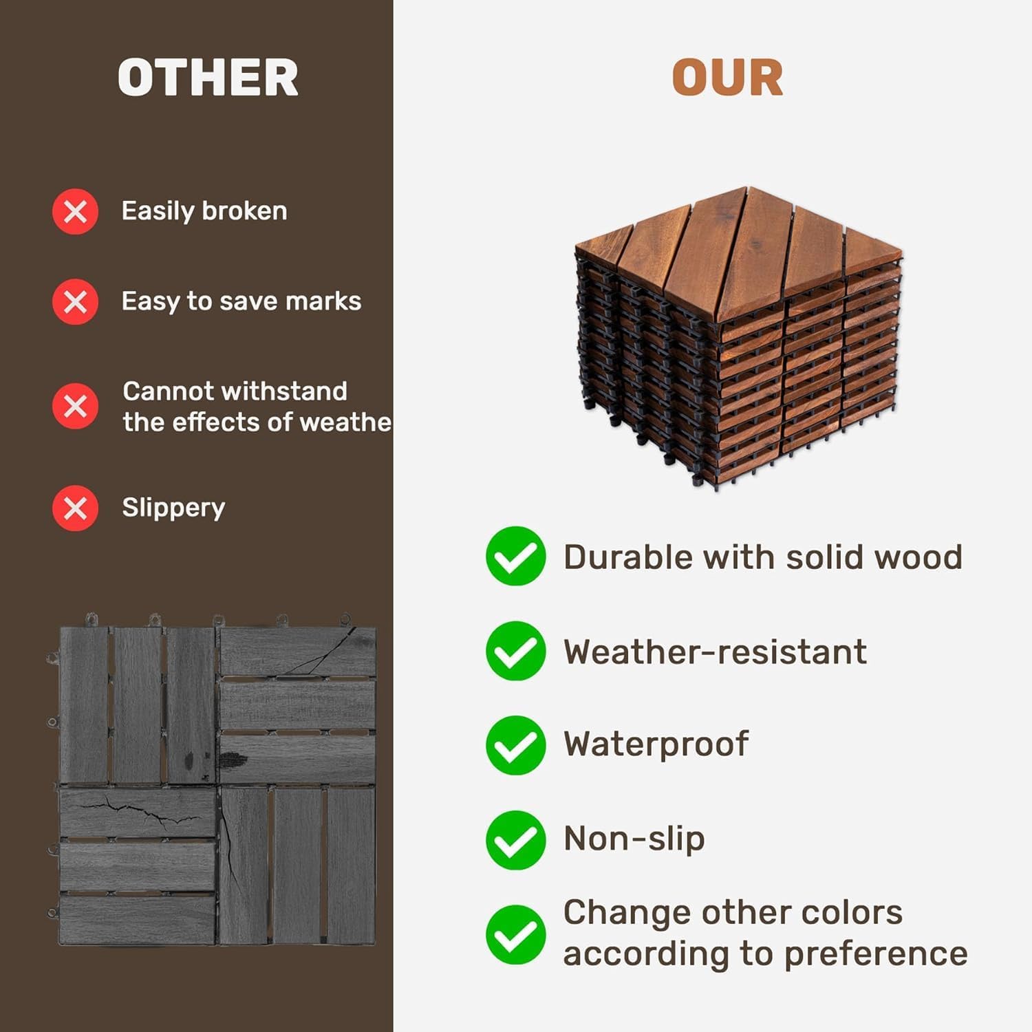 10 PCS Interlocking Deck Tiles, 12" x 12" Acacia Wood Patio Tiles with Diagonal Pattern, Weather-Resistant Snap