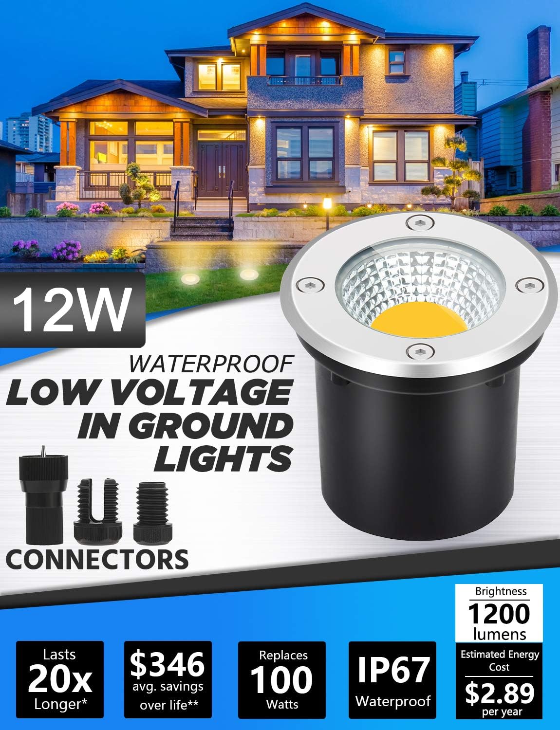 10-Pack 12W LED Low Voltage Landscape Well Lights, Stainless Steel | 12-24V AC/DC, Waterproof, 3000K Warm White
