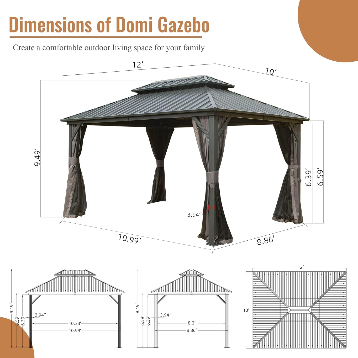 10' x 12' Hardtop Gazebo Permanent Metal Gazebo with Galvanized Steel Double Roof, Curtains and Netting for Patio