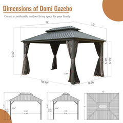 10' x 12' Hardtop Gazebo Permanent Metal Gazebo with Galvanized Steel Double Roof, Curtains and Netting for Patio