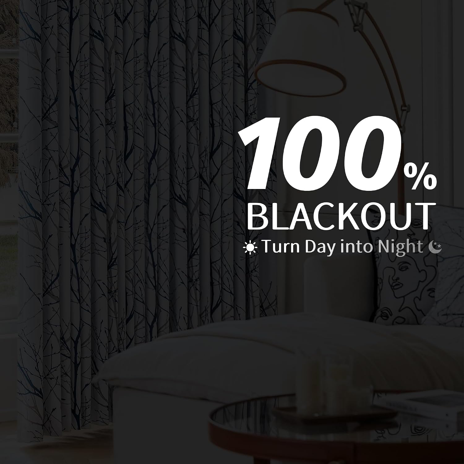 100% Blackout Curtains, Blue White Tree Curtains, Grey Farmhouse Room Darkening Window Curtains