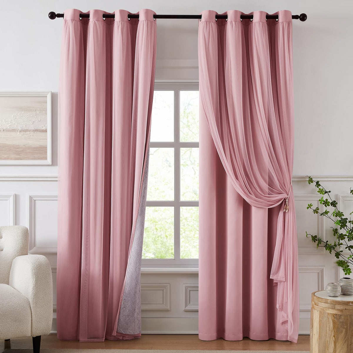 100% Blackout Curtains, Double Layer Pink Curtains, Black Out Curtain with Sheer Overlay, Room Darkening