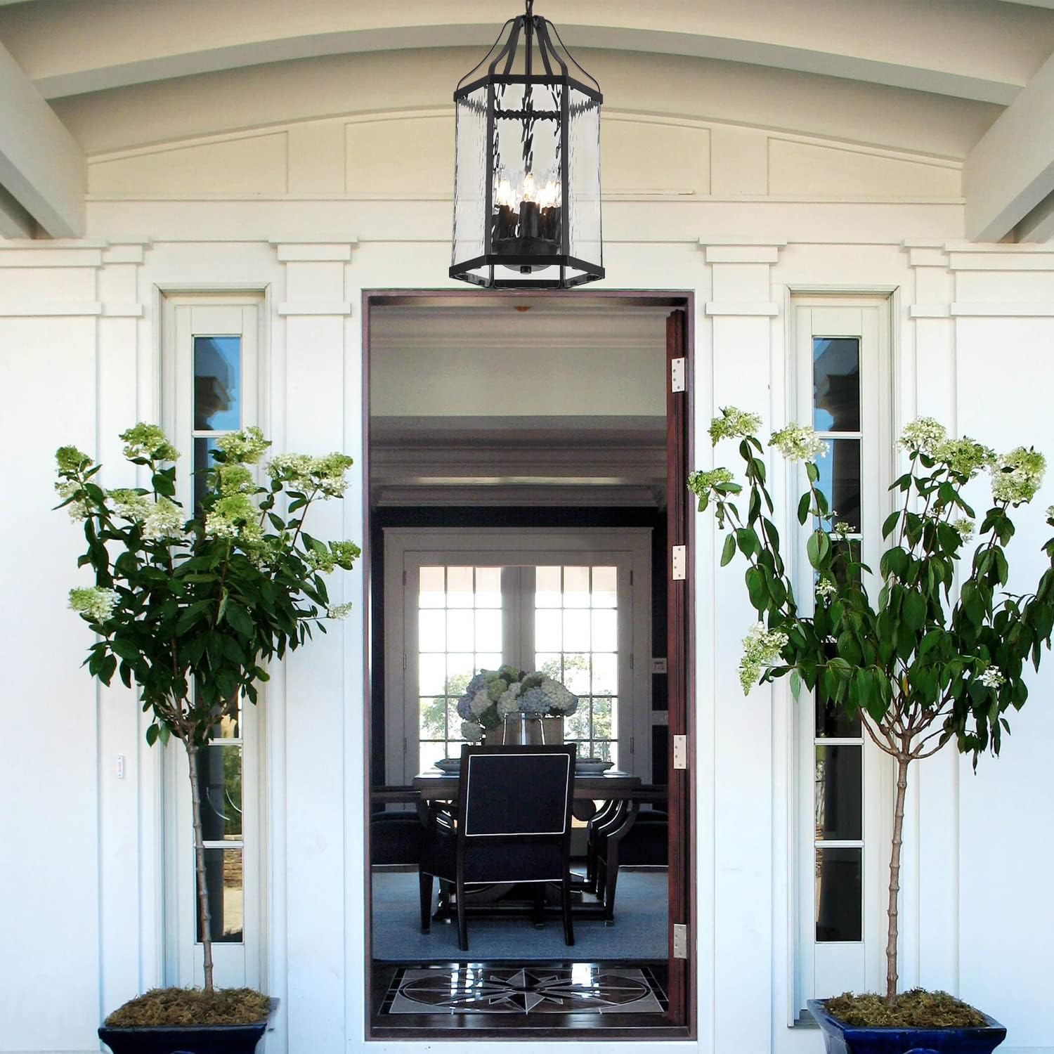 10" Modern 5-Light Exterior Black Lantern Pendant Light Fixture with Clear Rippled Glass Mini Industrial Hanging Cage