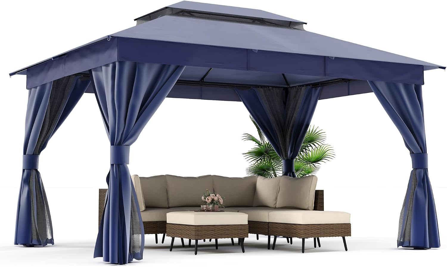 10'x13' Outdoor Gazebo, Metal Frame Heavy Duty Patio Canopy Tent Shelter with Double Roofs - Navy Blue