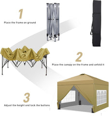 10'x10' Pop Up Canopy Tent, Portable Gazebo, Easy Up Outdoor Canopy for Events, Parties, Camping, Brown.