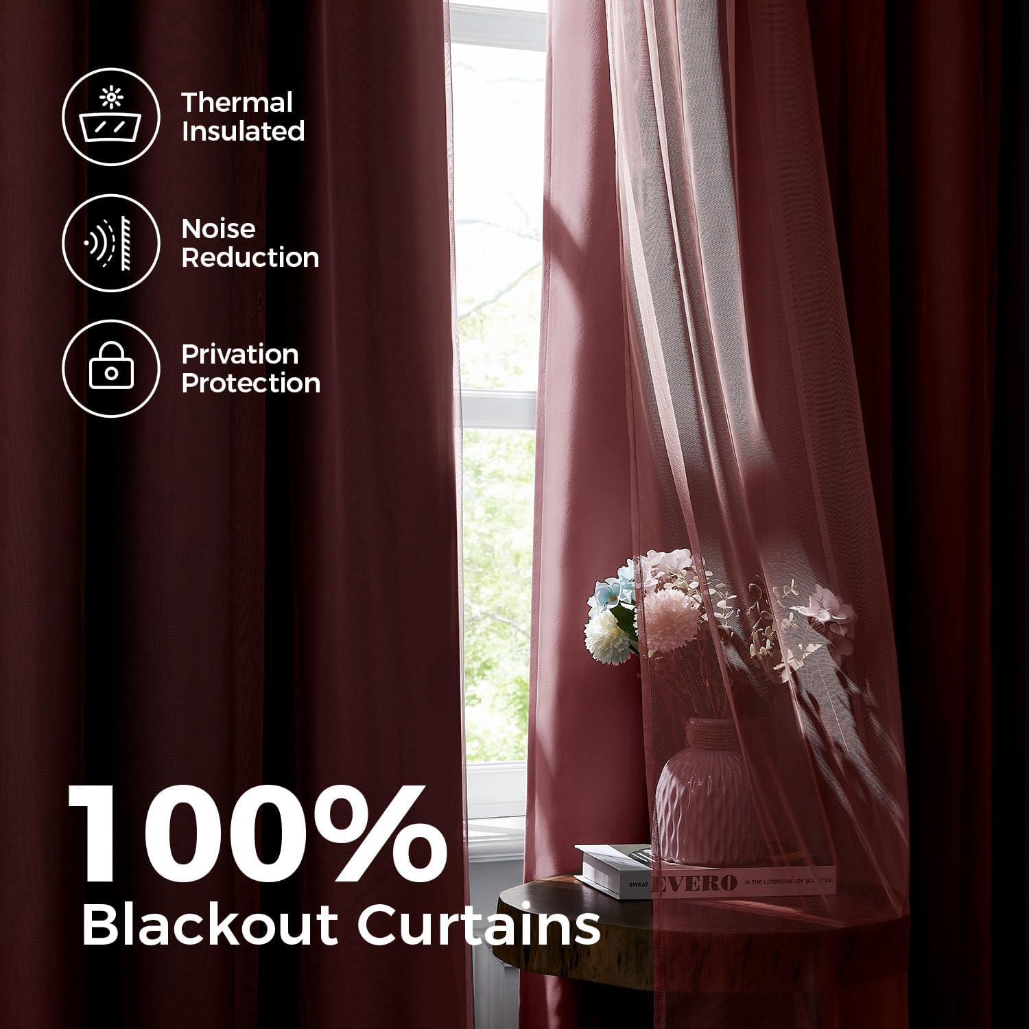 100% Blackout Curtains, Double Layer Pink Curtains, Black Out Curtain with Sheer Overlay, Room Darkening