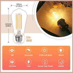10 - Pack Shatter Resistant LED Edison Light Bulbs 60W Equivalent, Dimmable ST58 Vintage Light Bulbs, E26 Medium Base